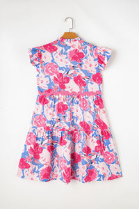 Sky Blue Floral Printed V Notched Ric Rac Flutter Sleeve Dress