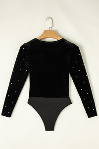 Black Velvet Beaded Long Sleeve V Neck Bodysuit