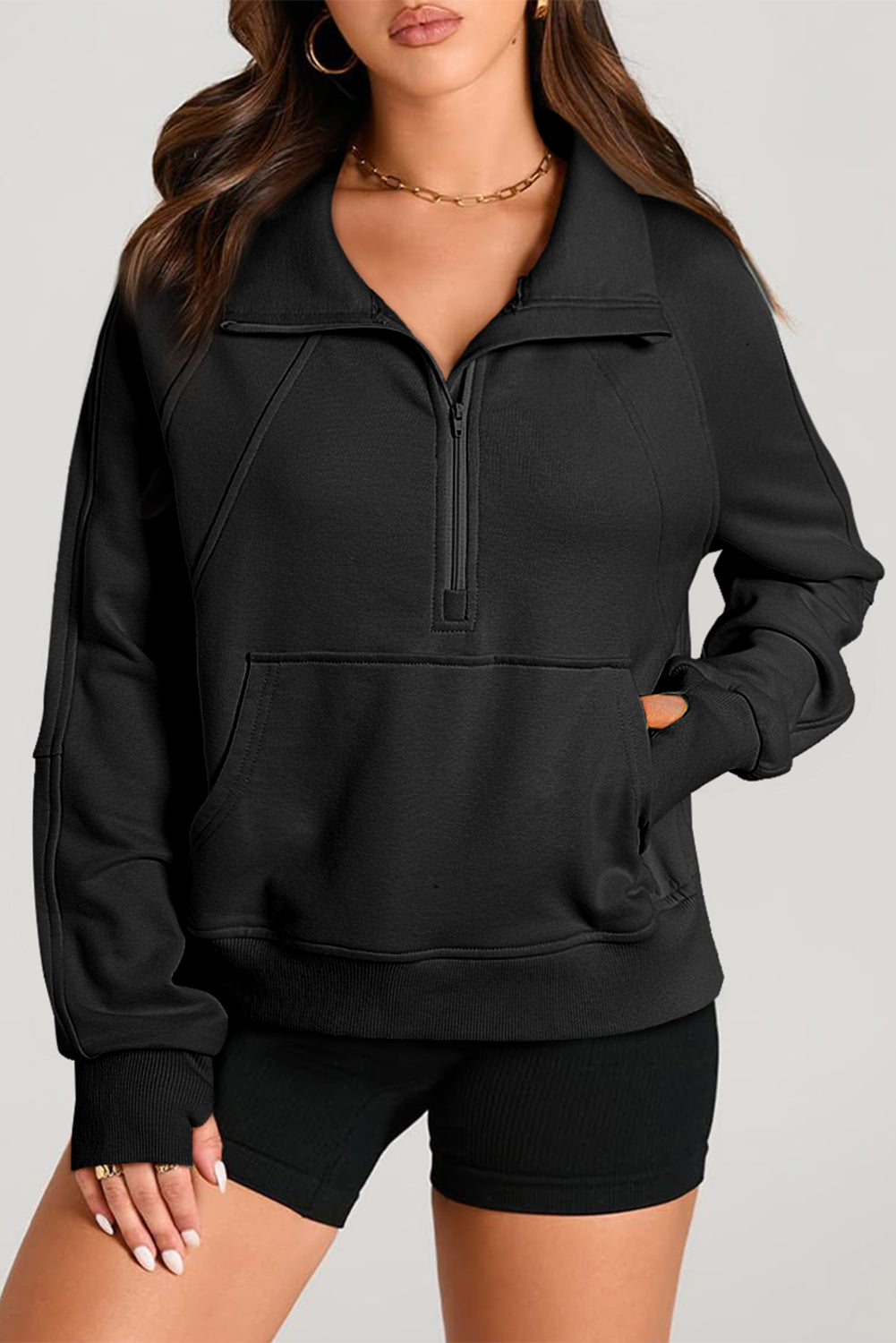 Aruba Blue Quarter Zip Stand Neck Kangaroo Pocket Sweatshirt