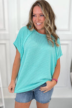 Load image into Gallery viewer, Light Blue Ribbed Exposed Seam Casual Plus Size T Shirt
