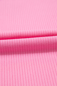 Strawberry Pink Ruffled Pleated Mesh Sleeve Ribbed Knit Slim Fit T Shirt