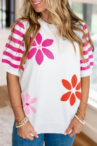 White Floral Pattern Striped Sleeve Sweater T Shirt