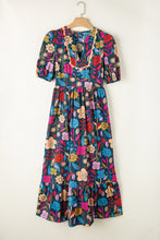 Load image into Gallery viewer, Black Retro Floral Printed Split Neck Maxi Dress
