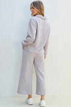 Load image into Gallery viewer, Light Grey Solid Textured Collared V Neck Top and Wide Leg Pants Set
