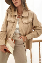 Load image into Gallery viewer, Light French Beige Solid Frilled Flap Pocket Button Up Corduroy Shacket
