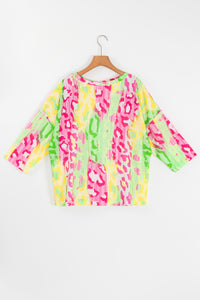 Multicolour Leopard Color Block Knitted Crewneck Plus Size T Shirt