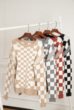 Load image into Gallery viewer, Khaki Checkered Print Drop Shoulder Round Neck Sweater
