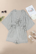 Load image into Gallery viewer, Gray 3/4 Wide Kimono Sleeves Tie Front Striped Romper with Pockets
