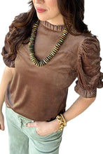 Load image into Gallery viewer, Camel Ruffled Arm Velvet Top
