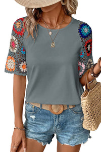 Medium Grey Floral Crochet Short Sleeve Top