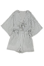 Load image into Gallery viewer, Gray 3/4 Wide Kimono Sleeves Tie Front Striped Romper with Pockets
