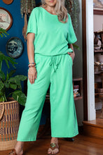 Load image into Gallery viewer, Mint Green Textured Batwing Sleeve Tee Wide Leg Pants Plus Size Set
