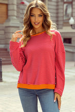 Load image into Gallery viewer, Tomato Red Two Tone Striped Side Buttons Drop Shoulder Top
