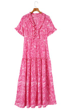 Load image into Gallery viewer, Pink Paisley Print Boho Holiday Ruffle Tiered Maxi Dress
