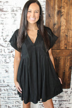 Load image into Gallery viewer, Black Textured V Neck Short Sleeve Pockted Mini Dress
