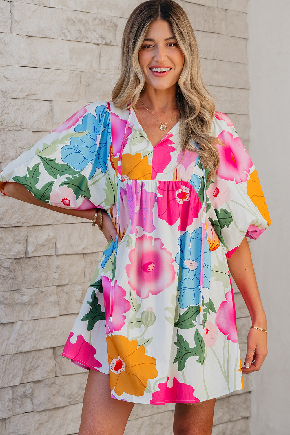 Rose Floral Print Split Neck Babydoll Dress