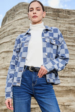 Load image into Gallery viewer, Light Blue Checkered Patchwork Button up Denim Jacket
