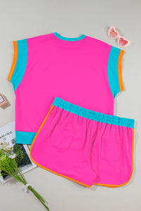 Rose Red Colorblock Patchwork Cap Sleeve Top Plus Size Shorts Set