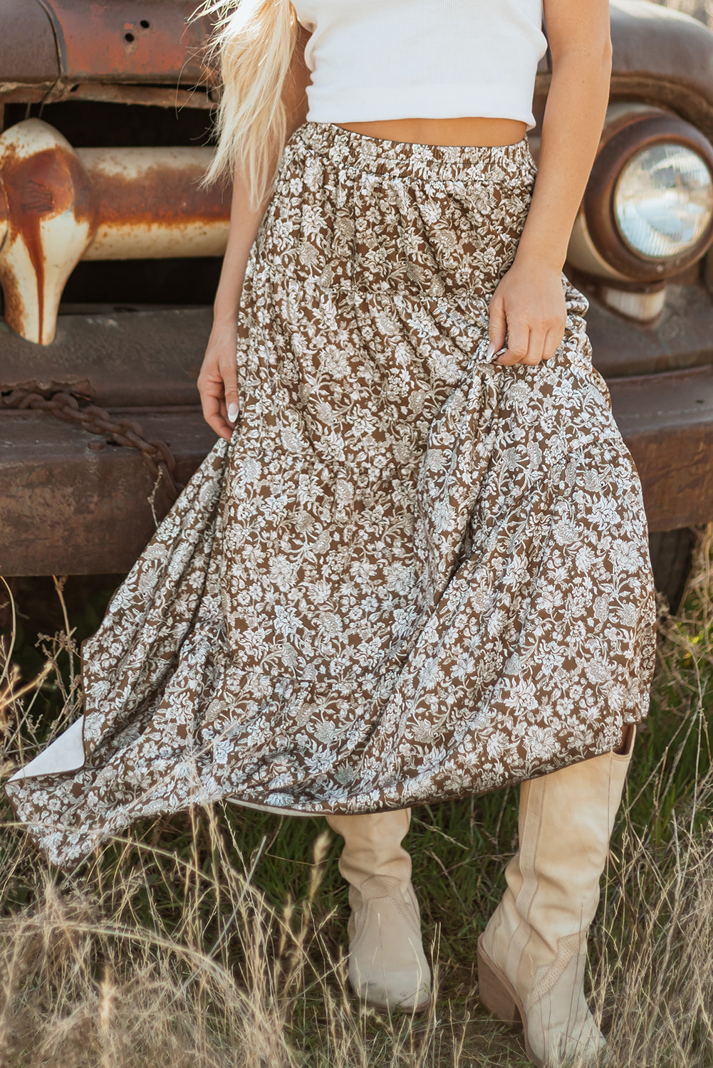 Brown Western Floral Print Ruffled Hem High Waist Loose Maxi Skirt