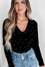 Load image into Gallery viewer, Black Velvet Beaded Long Sleeve V Neck Bodysuit
