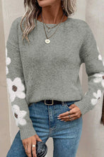 Load image into Gallery viewer, Light Grey Flower Sleeve Drop Shoulder Sweater
