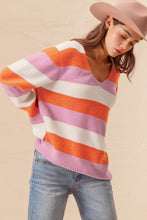 Load image into Gallery viewer, Orange Stripe Colorblock V Neck Casual Sweater
