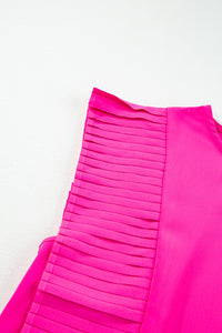 Bright Pink Pleated Ruffle Patchwork Sleeveless Blouse