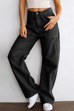 Load image into Gallery viewer, Black High Waist Straight Leg Cargo Pants with Pockets
