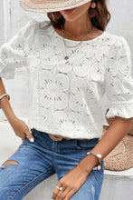 Load image into Gallery viewer, White Flower Eyelet Jacquard Keyhole Flounce Sleeve Top
