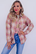 Load image into Gallery viewer, Pink Plaid Print Chest Pocket Long Sleeve Shacket
