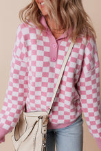 Load image into Gallery viewer, Pink Checkered Buttons Collar V Neck Drop Shoulder Sweater
