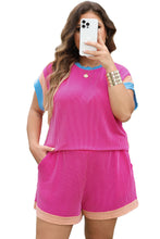 Load image into Gallery viewer, Bright Pink Textured Knit Contrast Trim Plus Shorts Set
