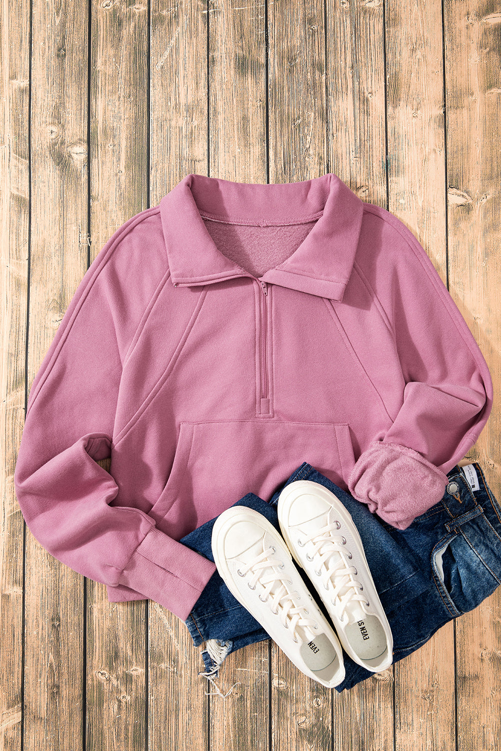 Flamingo Fleece Lined Zip Up Stand Collar Thumbhole Sleeve Sweatshirt