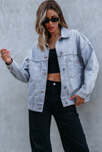 Load image into Gallery viewer, Sky Blue Stripe Washed Oversize Pocketed Denim Jacket
