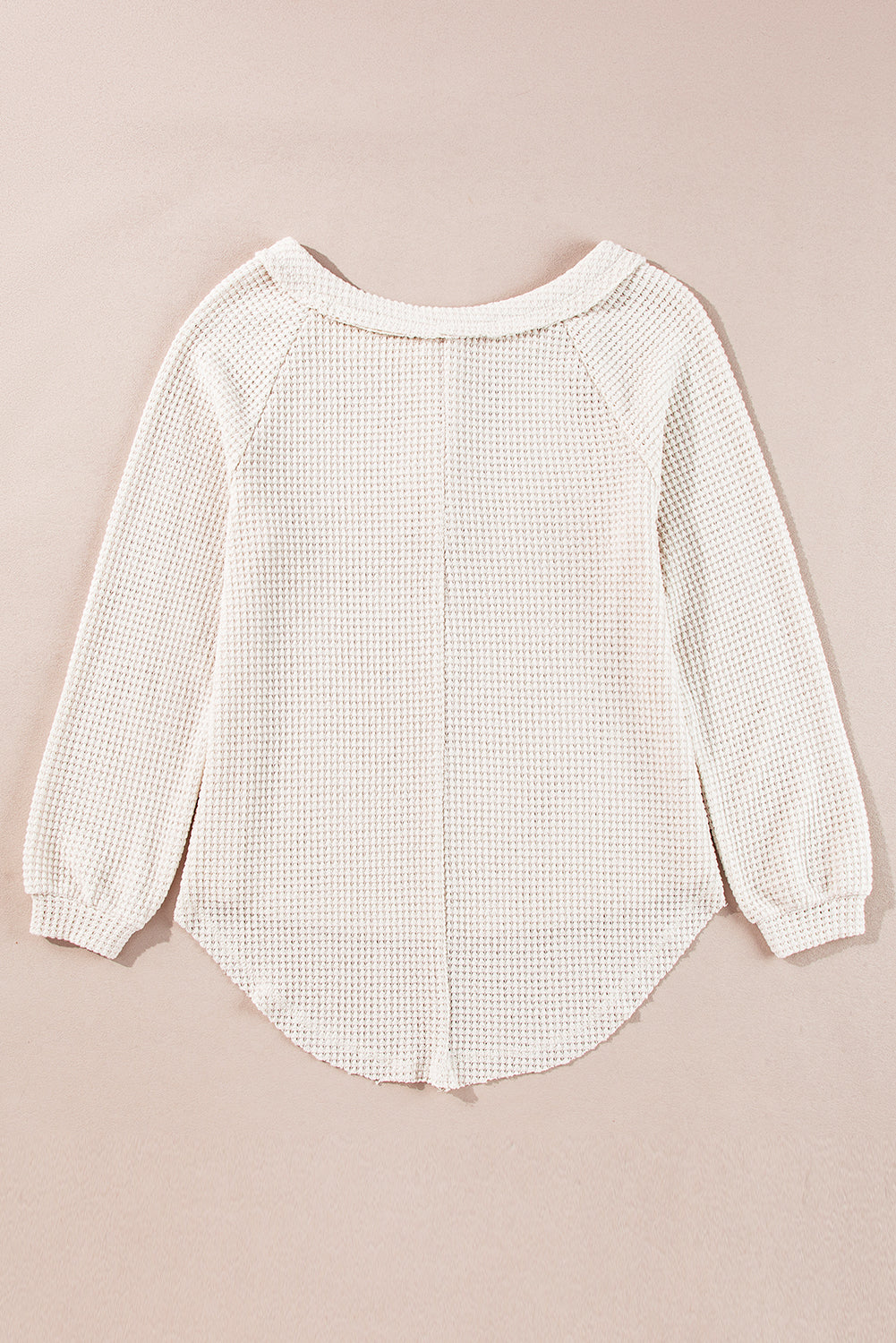 Oatmeal Waffle Knit Buttoned Front Raglan Sleeve Loose Blouse