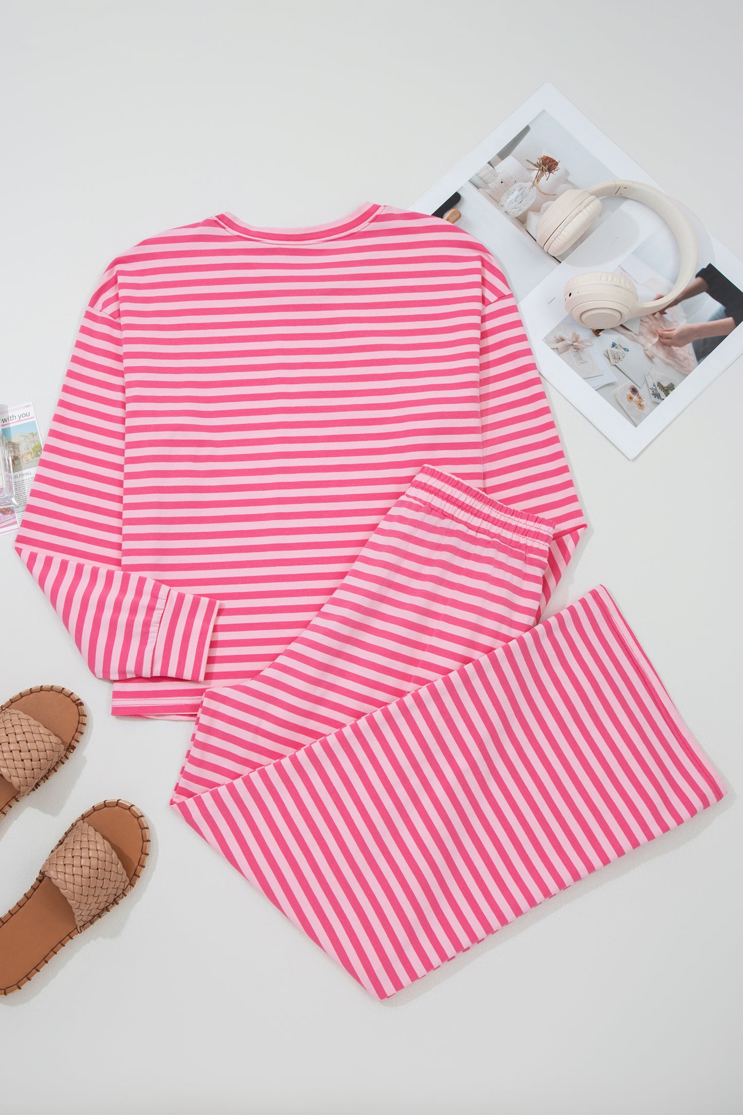 Pink Stripe Drop Shoulder Round Neck Top and Buttoned Straight Pants Two Piece Set