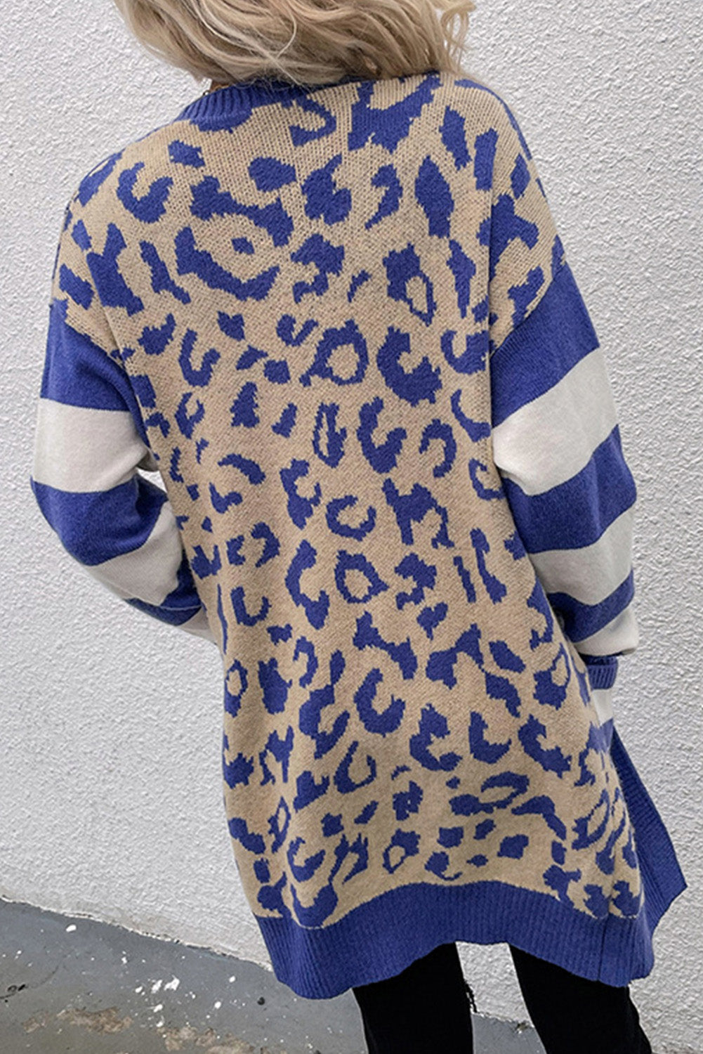 Dark Blue Stripe Sleeve Leopard Print Open Front Cardigan With Pockets