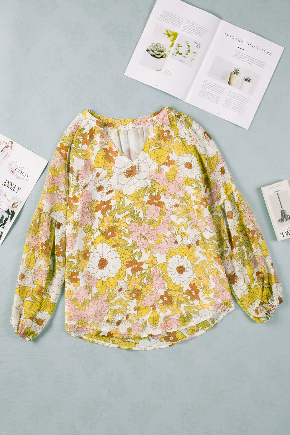 Multicolor Floral Print V Neck Long Puff Sleeve Top