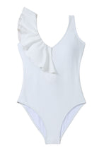 Load image into Gallery viewer, White Asymmetric Ruffle Trim Tie Waist One Piece Swimsuit
