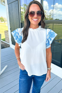 Black Embroidered Ruffled Sleeve Frilled Collar Blouse