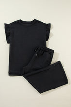 Load image into Gallery viewer, Black Ruffled Sleeve Summer Top and Cropped Loose Pants Set
