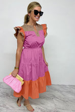 Load image into Gallery viewer, Bonbon Color Block Tiered Notched Neck Ruffle Sleeve Dress
