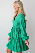 Load image into Gallery viewer, Sea Green Frilly V Neck Puff Sleeve Drawstring Shift Mini Dress
