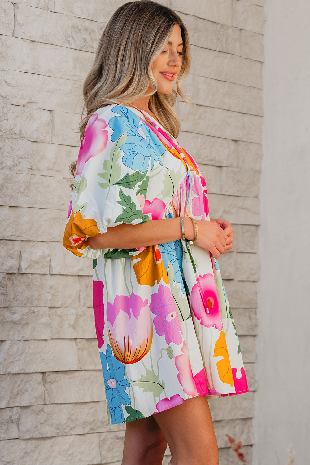 Rose Floral Print Split Neck Babydoll Dress