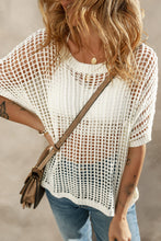 Load image into Gallery viewer, Apricot Fishnet Knit Ribbed Round Neck Short Sleeve Sweater Tee
