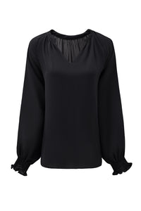 Green Pleated V Neck Puffy Sleeve Blouse