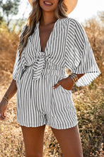 Load image into Gallery viewer, Gray 3/4 Wide Kimono Sleeves Tie Front Striped Romper with Pockets
