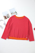 Load image into Gallery viewer, Tomato Red Two Tone Striped Side Buttons Drop Shoulder Top
