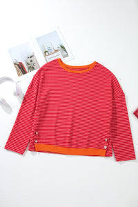 Tomato Red Two Tone Striped Side Buttons Drop Shoulder Top