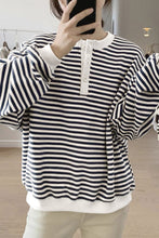 Load image into Gallery viewer, White Stripe Color Block Buttoned Crew Neck Oversized Sweatshirt
